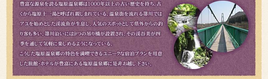 豊富な源泉を誇る塩原温泉郷は1000年以上の古い歴史を持ち、古くから塩原十一湯と呼ばれ親しまれている。温泉街を流れる箒川ではアユを始めとした渓流魚が生息し、人気のスポットとして県外からの釣り客も多い。箒川沿いには9つの吊り橋が設置され、その渓谷美が四季を通して気軽に楽しめるようになっている。
こうした塩原温泉郷の特色を満喫できるユニークな宿泊プランを用意した旅館・ホテルが豊富にある塩原温泉郷に是非お越し下さい。