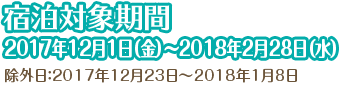 宿泊対象期間:2017年12月1日(金)〜2018年2月28日(水)(除外日:2017年12月23日〜2018年1月8日)